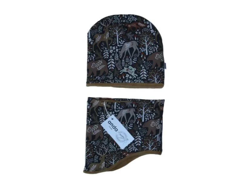 Žebrovaná čepice / nákrčník - zvířátka v lese